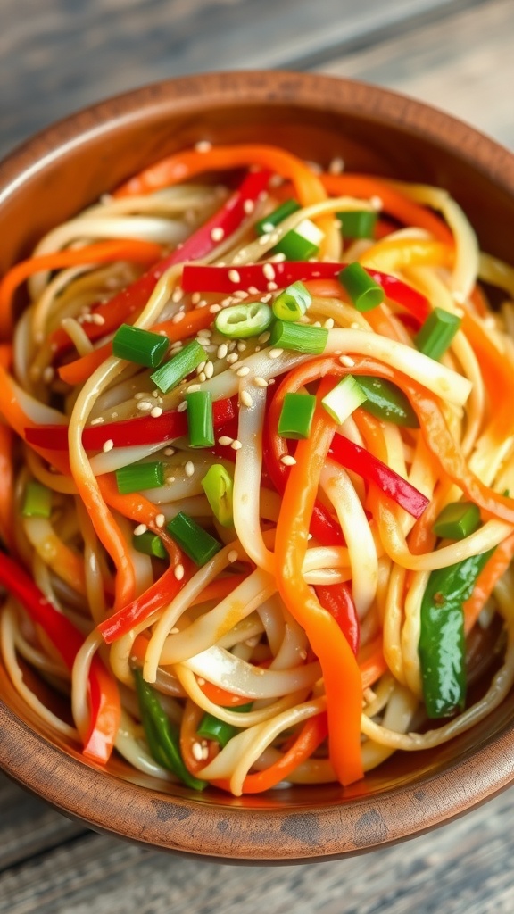 Savory Cabbage Noodles Stir-Fry Recipe A colorful plate of stir-fried cabbage noodles with bell peppers and carrots, garnished with sesame seeds and green onions.